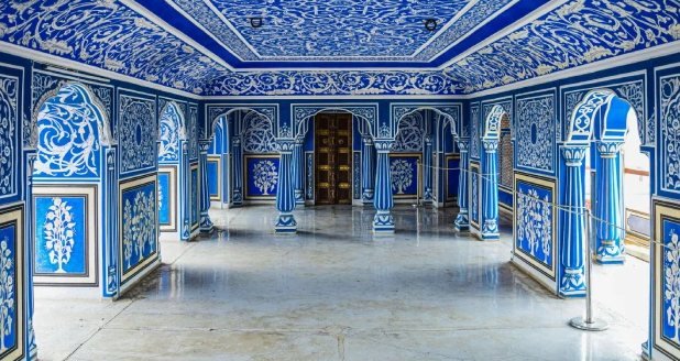 Hand-painted blue and white chamber inside a Jaipur city palace